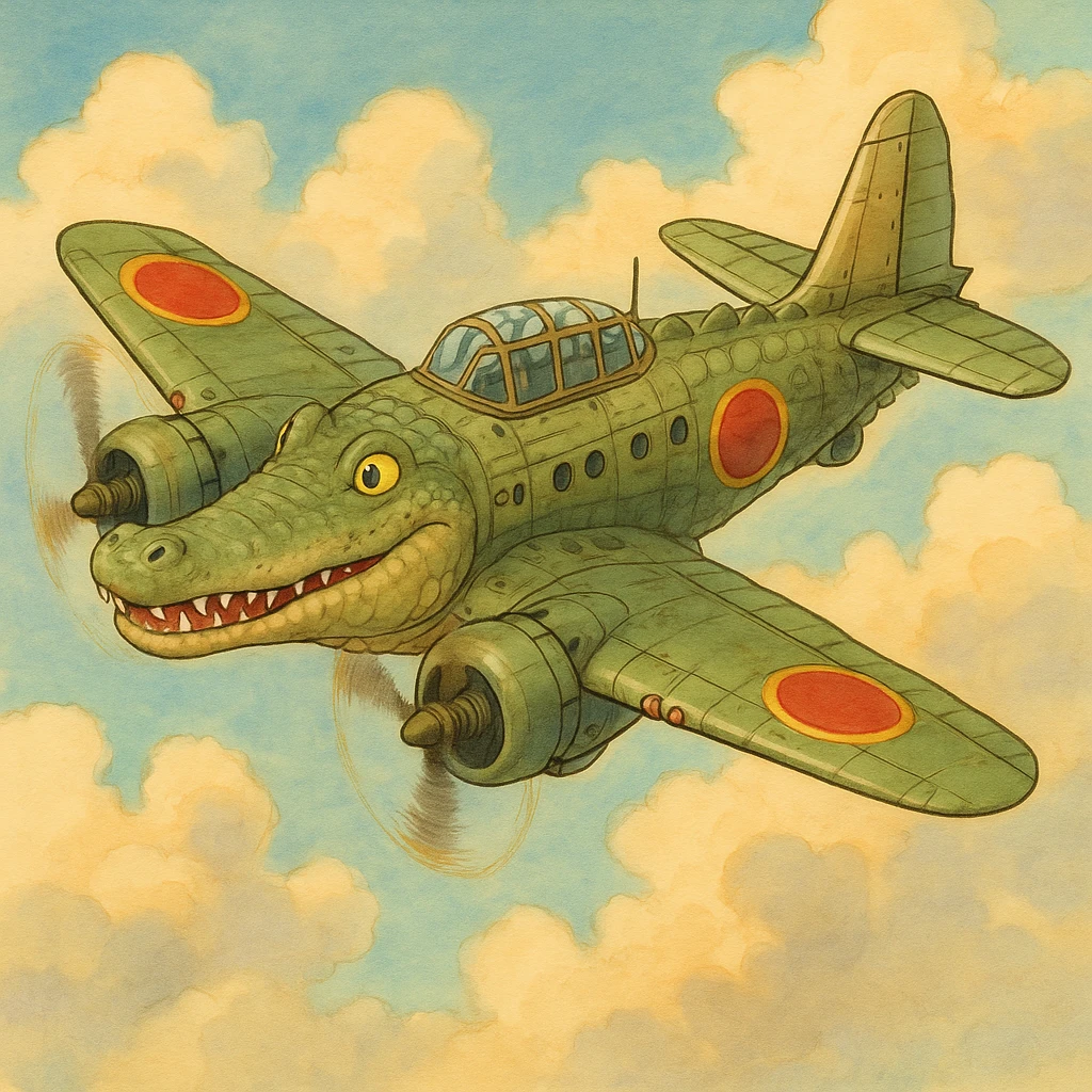ghibli style crocodile as a bomber plane, whimsical and detailed emoji