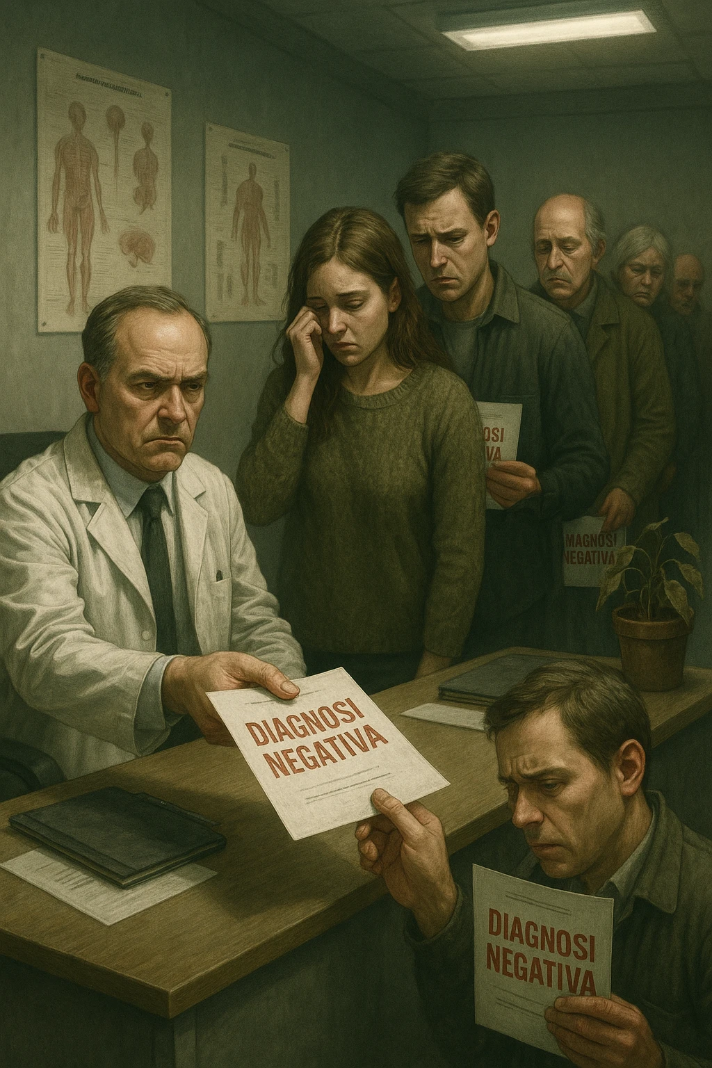 A realistic, cinematic illustration set in a dull, grey-toned medical office. A middle-aged male doctor in a white coat with a stern, cold expression is seated at his desk, handing out medical reports with large red ‘Negative Diagnosis’ stamps to each patient in line. The patients, of various ages and appearances, stand in a line, each looking increasingly sad, defeated, and demoralized as they receive their papers, with slumped shoulders and empty gazes. One young woman wipes away a tear, while a man stares at the paper in shock. The background shows medical posters, a faded plant, and harsh fluorescent lighting, emphasizing the cold, mechanical environment. The mood is heavy, illustrating how negative diagnoses delivered without empatia can deeply affect the mental health and morale of patients. The style is realistic, with subtle filmic grain, emphasizing emotional impact and the weight of medical words on people’s lives. in italiano emoji