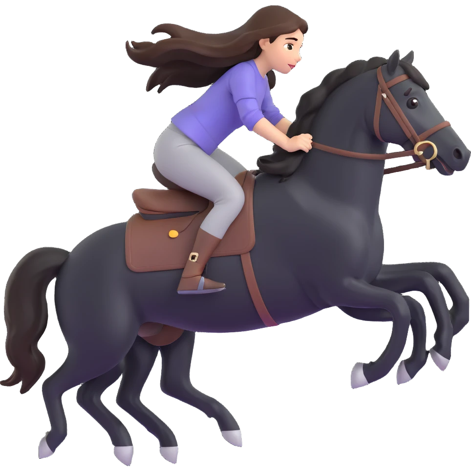 girl with long brunette hair riding a black horse at full speed, no saddle, hair and mane flying emoji