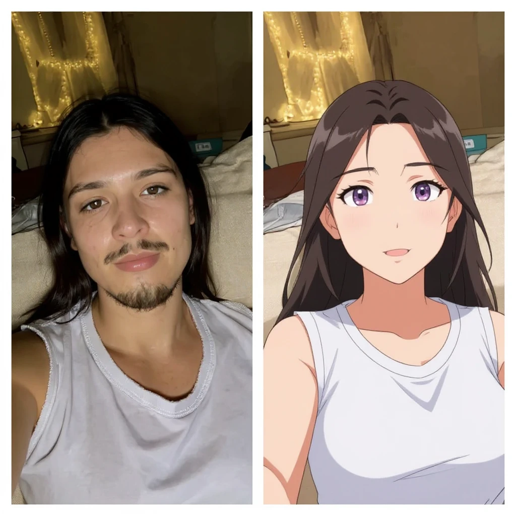 create before after image of a girl before is realsitic photo, after is anime version of her in same pose and clothes, add logo with text of a "FLUX Kontext Pro" emoji