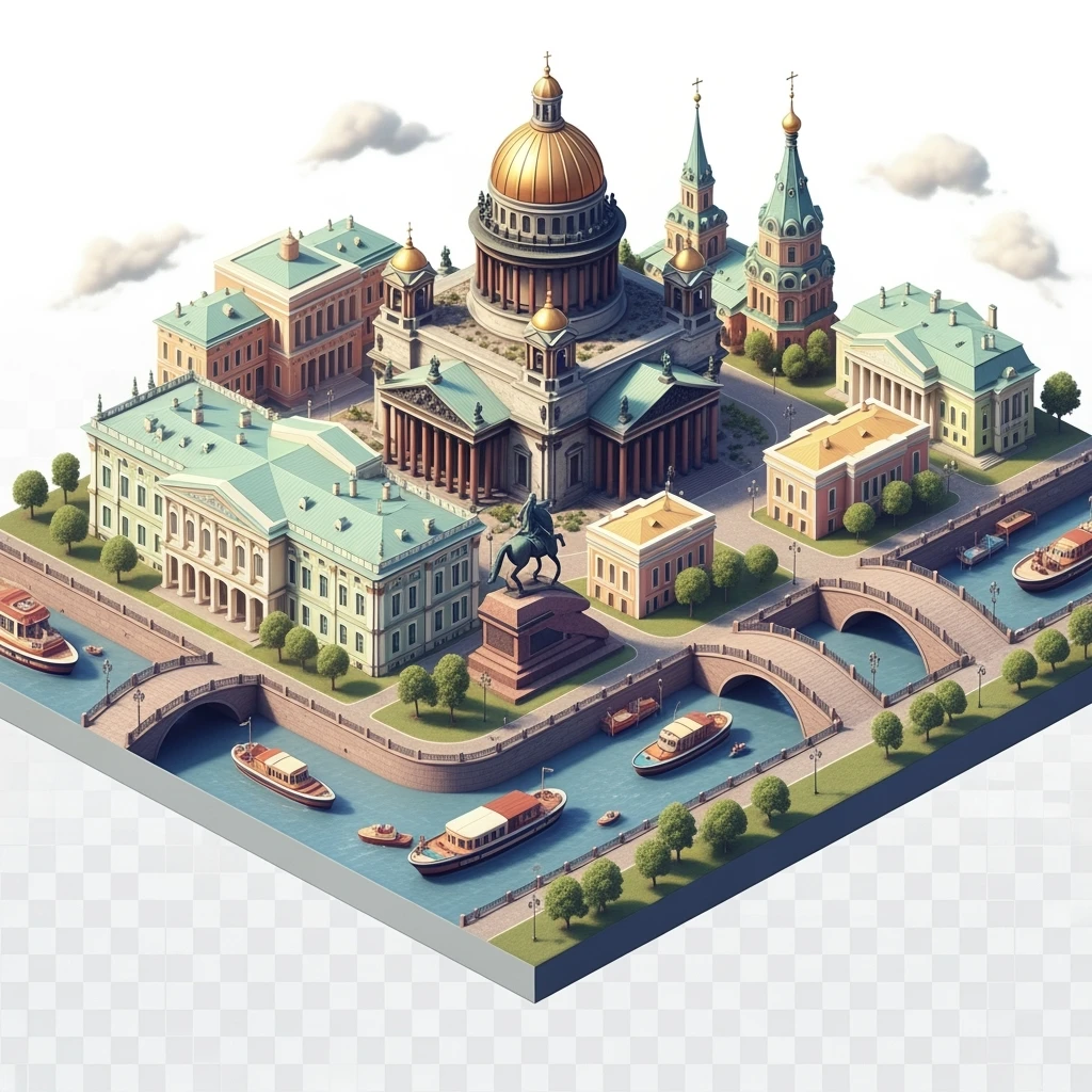 Isometric illustration of Saint Petersburg with the Saint Isaac’s Cathedral, the photorealistic Winter Palace, and the Bronze Horseman statue, toy boats and bridges, in pastel miniature diorama style, transparent background emoji