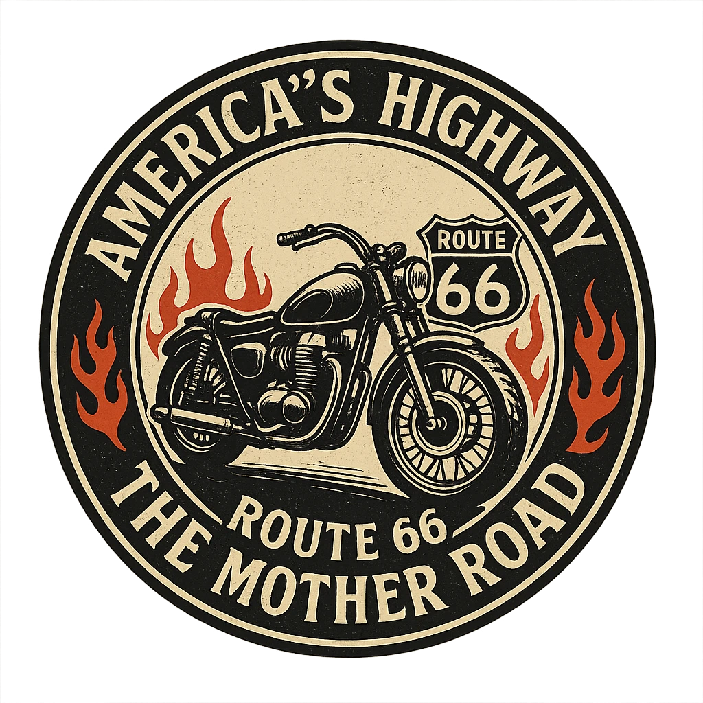 circular design for motorcycle cap, transparent background, text 'AMERICA'S HIGHWAY - ROUTE 66 - THE MOTHER ROAD', motif: motorcycle, flame, Route 66 sign, classic style emoji