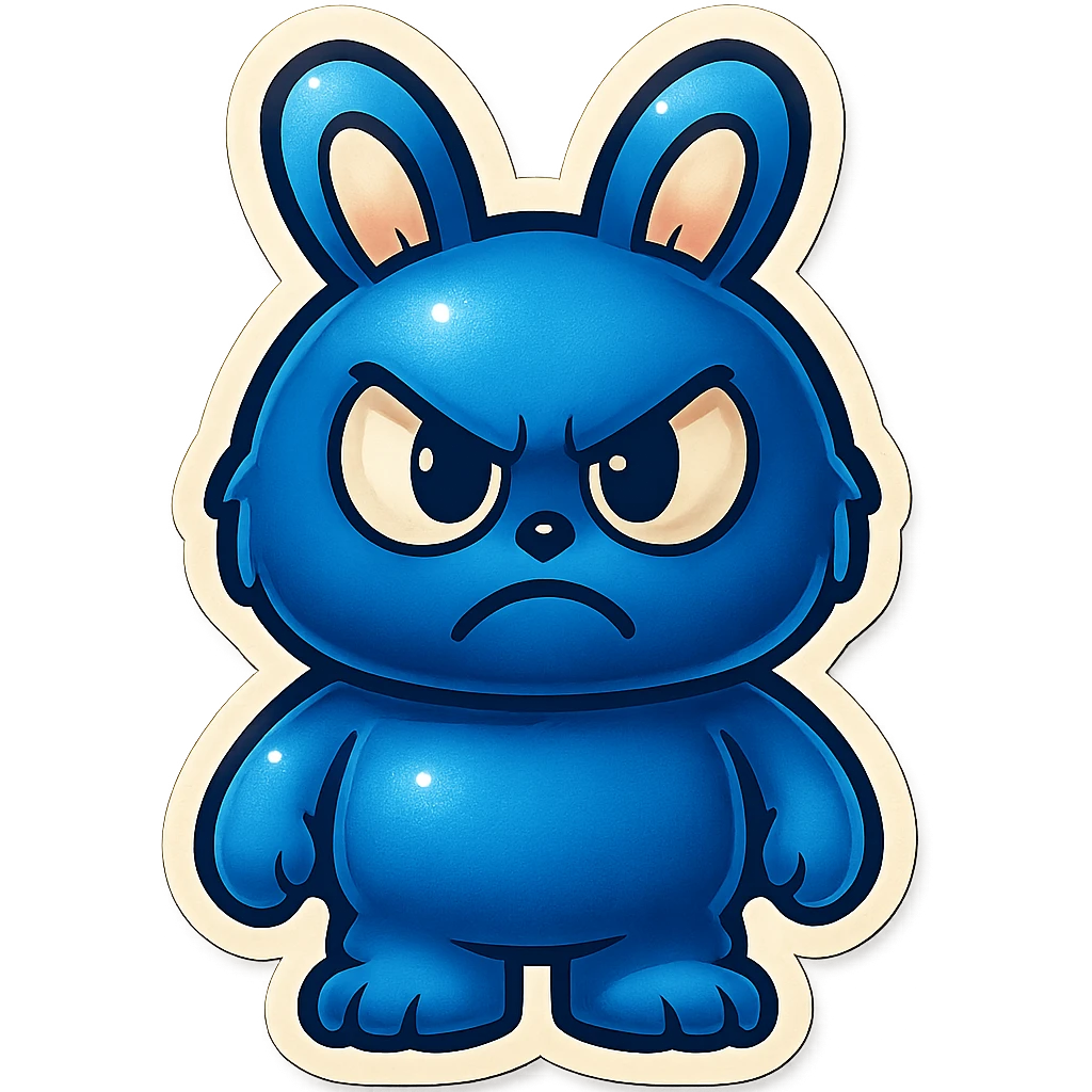 Change the blue bunny character's face to an angry, frowning expression, keeping the same retro stickers style. emoji