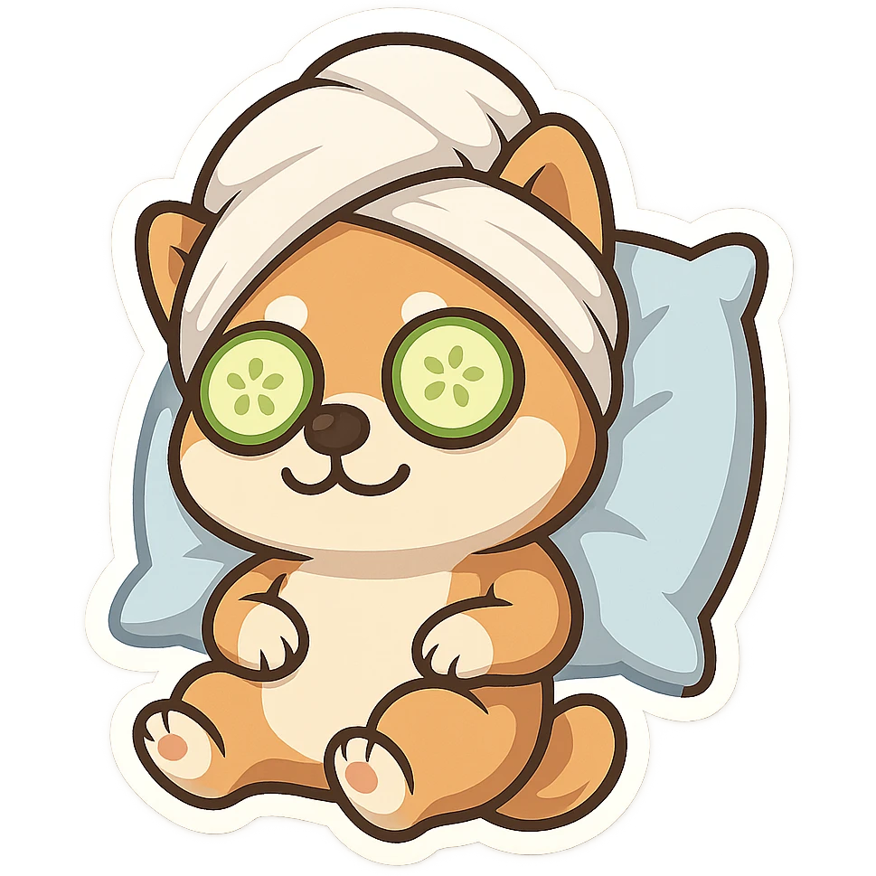 Relaxed dog with cucumber slices on eyes, towel wrapped on head and pillow emoji