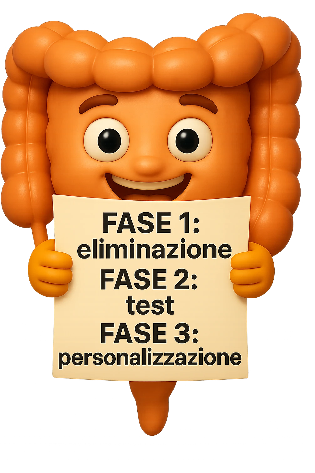 emoji stile iphone 3d di un intestino che tiene in mano un foglio con la scritta "FASE 1: eliminazione, FASE 2: test, FASE 3: personalizzazione, IPERREALISTICO 4K emoji
