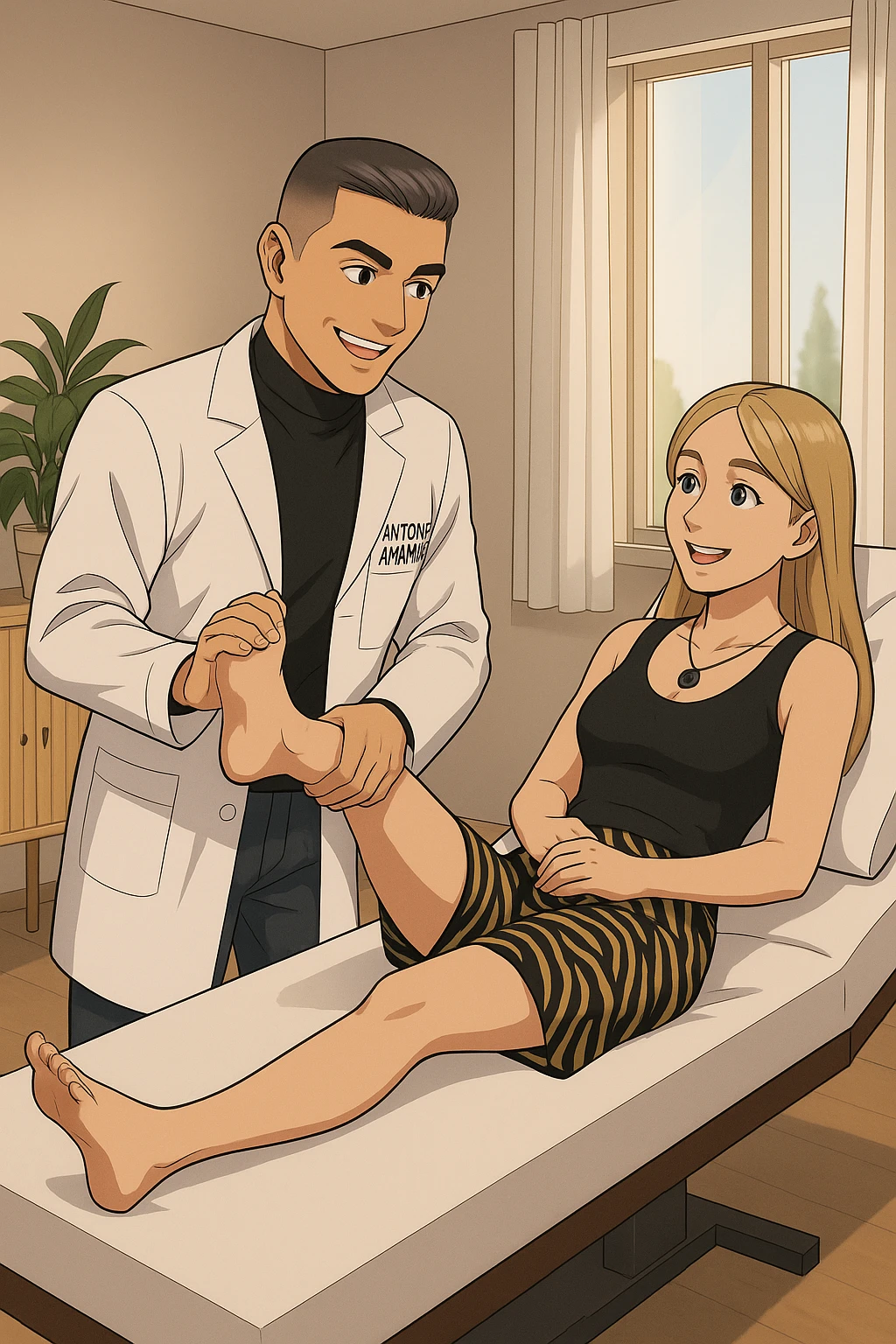 fai un webtoon/manga a colori con questo kinesiologo in camice bianco (fagli la scritta "ANTONIO ANANIA" SUL CAMICE) CHE SVOLGE UN TEST NEUROMUSCOLARE SOLLEVANDO UNA GAMBA ALLA RAGAZZA CHE è STESA SU UN LETTINO BIANCO. STANZA SEMPLICE E MODERNA, DURANTE IL TEST I DUE DIALOGANO TRA LORO. NON FARE I FUMETTI, FAI SOLO LORO COME SE DIALOGASSERO emoji