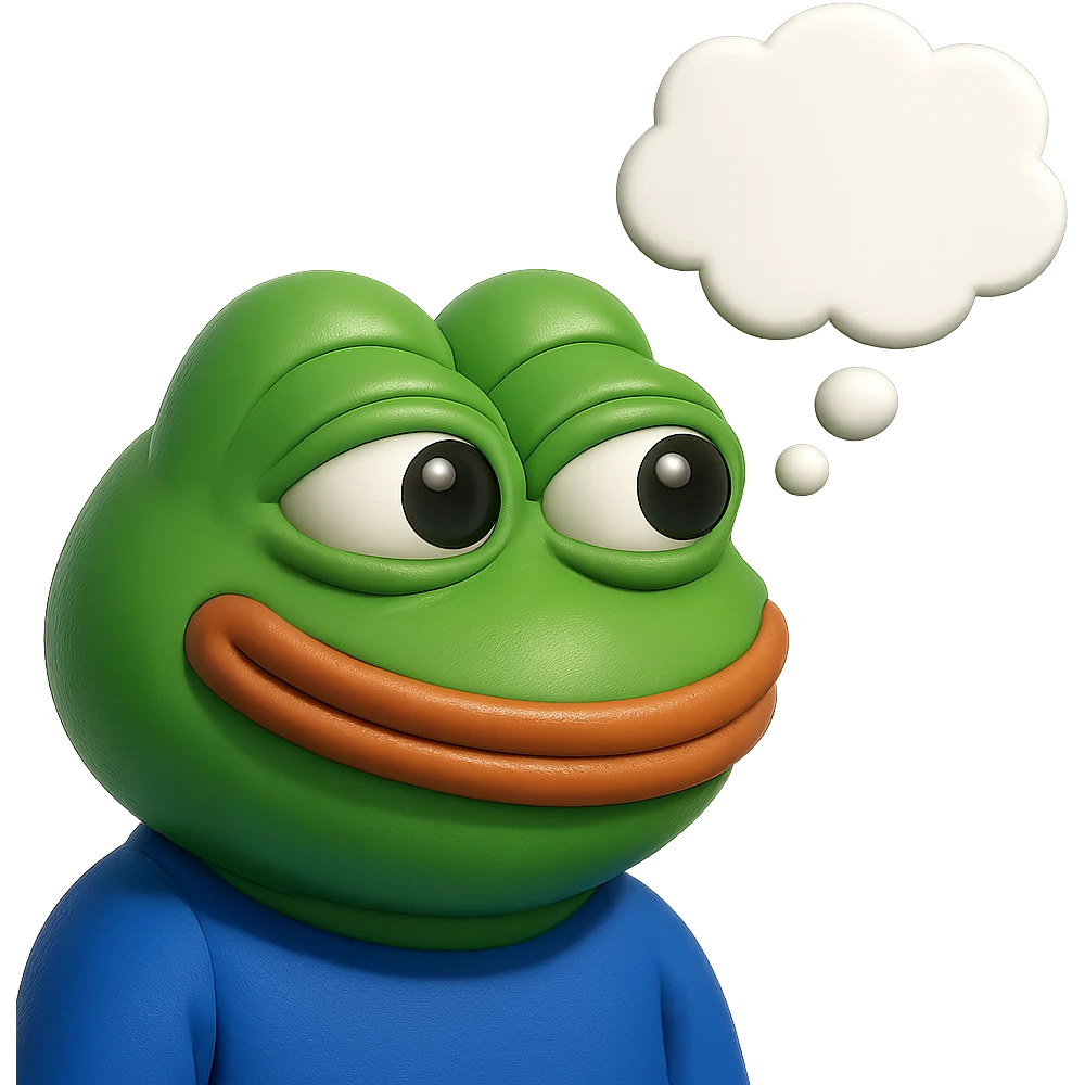 make a pepe in bright green smiling with thought bubble looking at right side in 3d style, good highlights and shadows, drop shadows emoji
