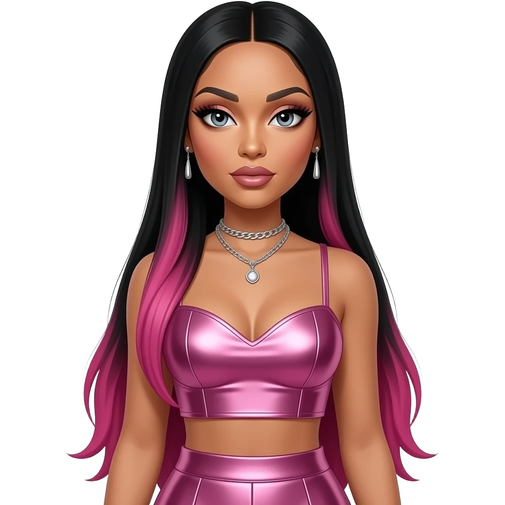Nicki Minaj with dark grey eyes, long black straight hair with hot pink ombre, pink metallic sweetheart crop top, pink metallic skirt, necklace and earrings emoji