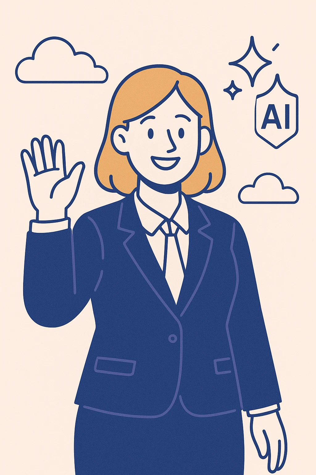 Change the business woman's hair to orange or blonde, keep her smiling in a suit, waving, with an AI sparkle above her shoulder, in a clean modern illustration style. emoji
