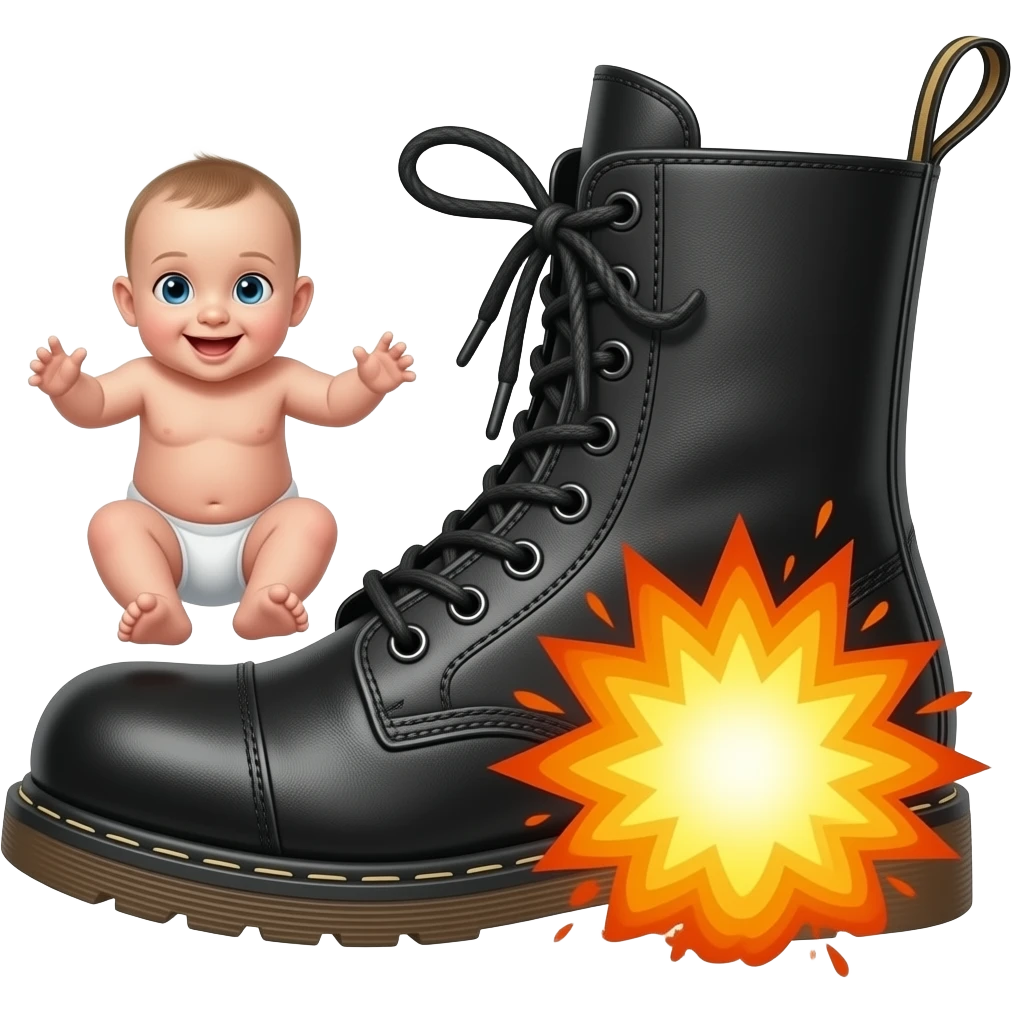 Black boot launching a baby in the air and explosion at toe of boot emoji