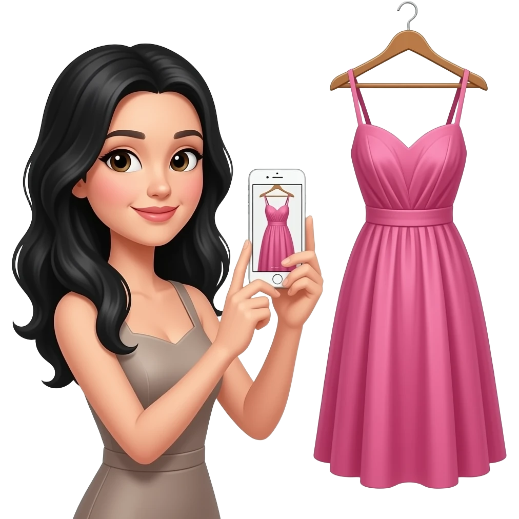 elegant black hair women taking photo with her iphone to a hanging dress emoji