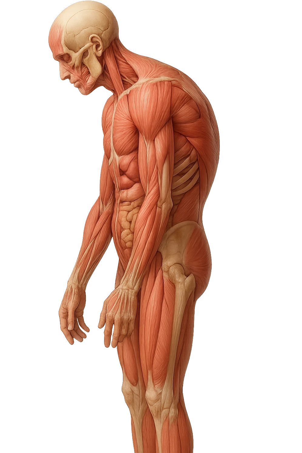corpo umano anatomico realistico leggermente curvo con la schiena e le spalle che puntano leggermente in avanti, postura delle spalle chiuse, isolato su sfondo bianco emoji