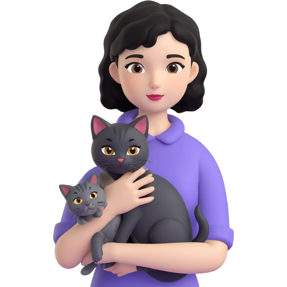 wavy black haired girl with a short haitcut holding a british cat emoji