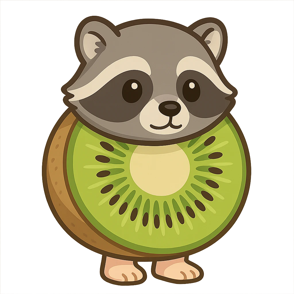 A kiwi with a raccoon's head and human feet emoji