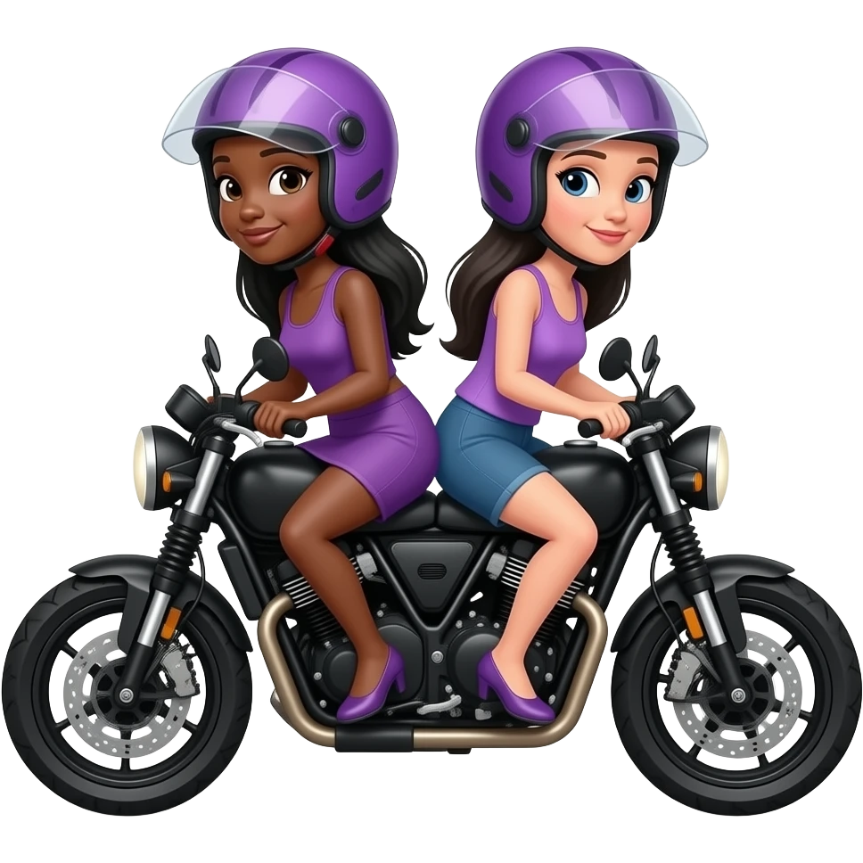 Mujer de tez morena cabello largo negro y casco lila y mujer de tez blanca de cabello negro lacio largo con casco color morado en moto negra emoji