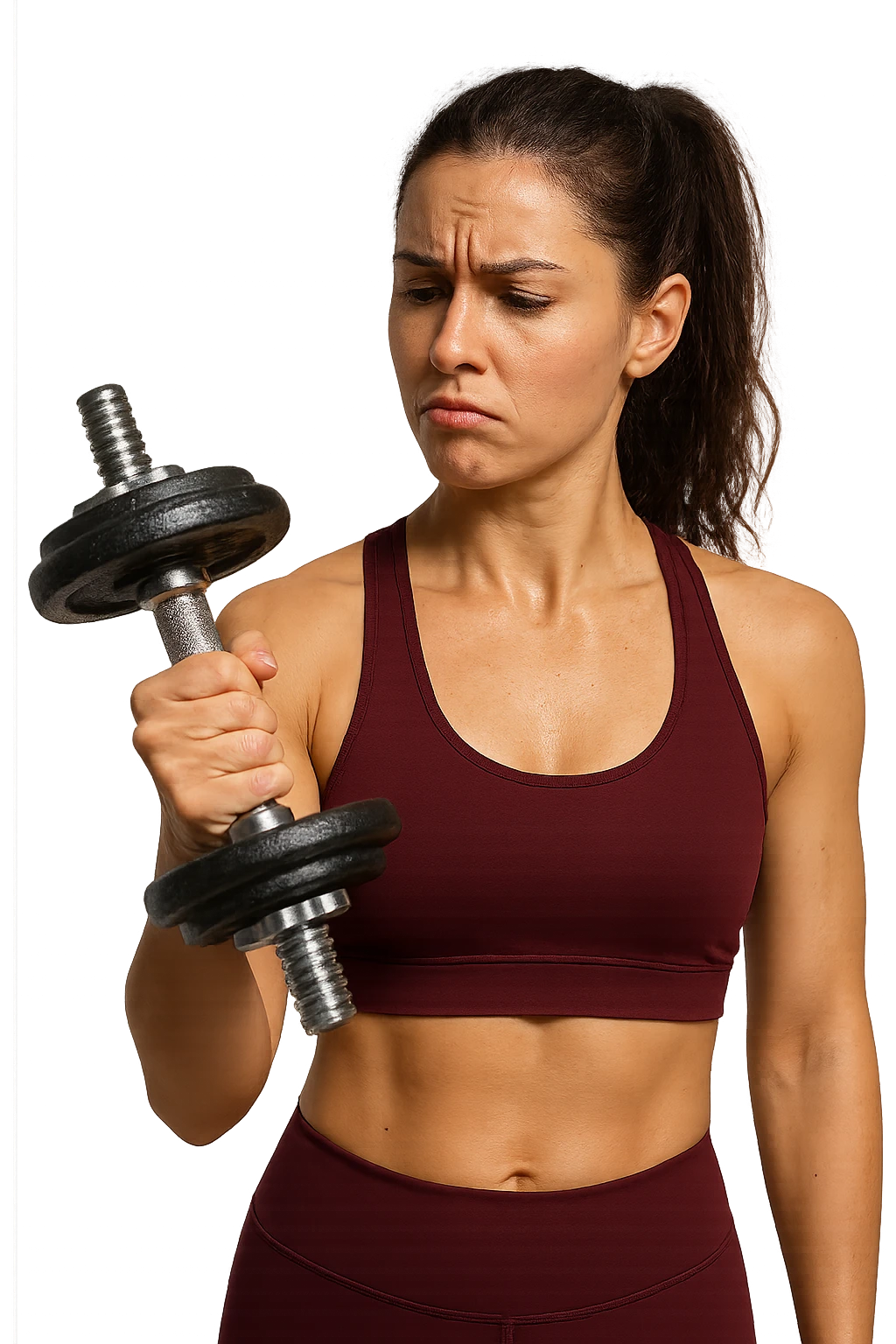 DONNA FITNESS CHE GUARDA DUBBIOSA UN MANUBRIO DA PALESTRA CHE HA IN MANO, iperrealistico 4k emoji