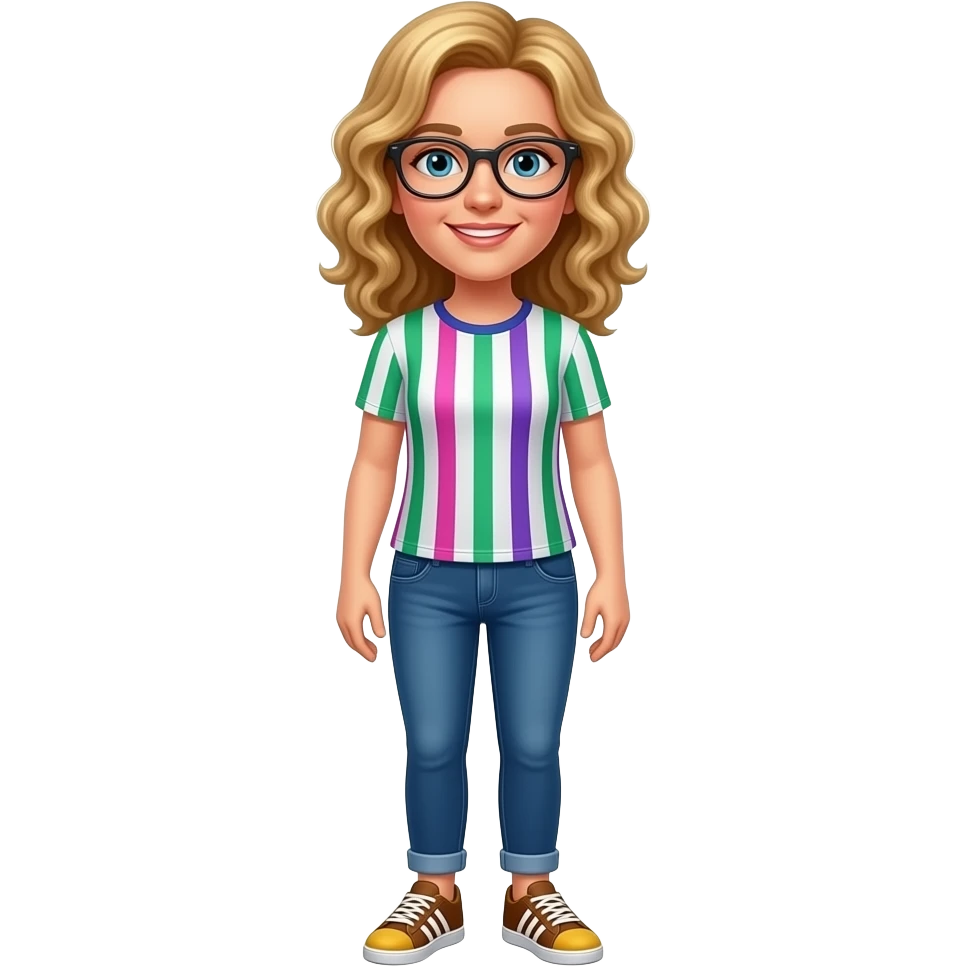 Make an emoji a women teacher dutch with glasses and blonde curly mi long hear with an t-shirt with green pink and withe purple vertical stripes and a blue jeans witch addidas shoes brown and yellow emoji