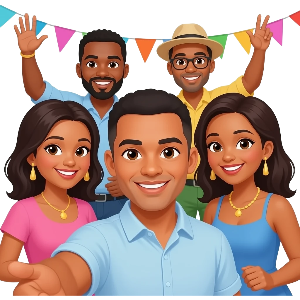 A group selfie of caribbean adults at a party emoji