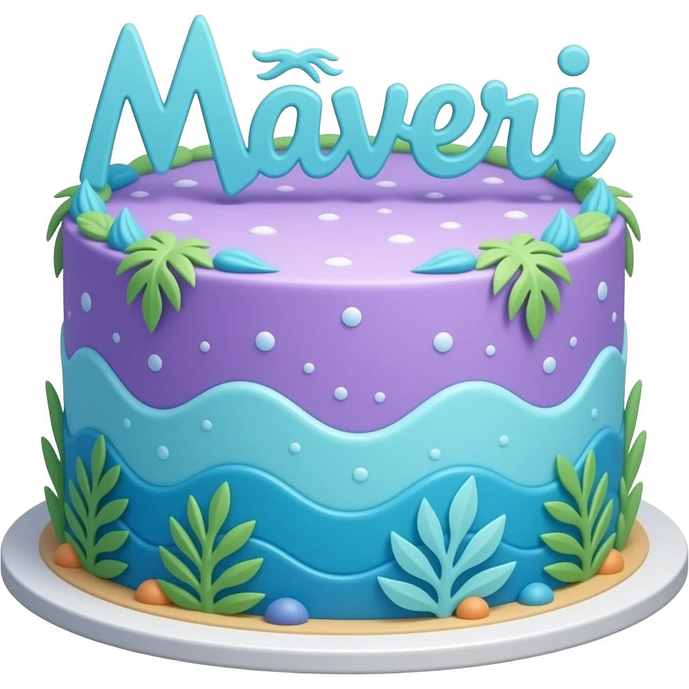 A pua from Moana purple and blue ocean cake with light blue letters saying Maveri emoji