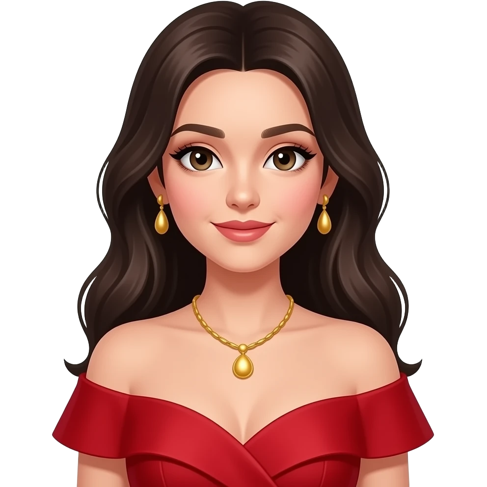 девушка с темными волосами с макияжем , золотыми украшениями в красивом красном платье emoji