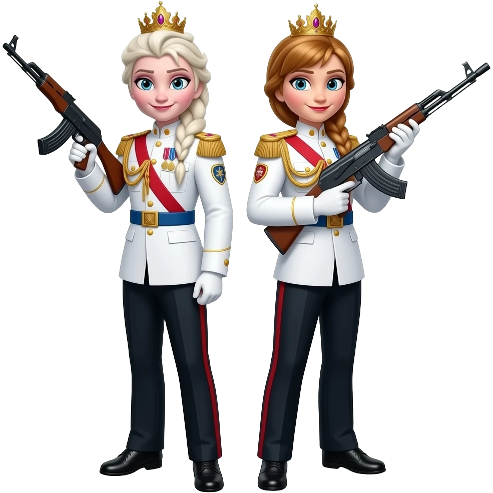 Elsa arendelle and Anna arendelle from disney frozen movie are same wearing gold tiara white military tunic arm badge shoulder cord medal red sash blue belt black trouser with both side red stripe white shoes and they both will shoot with assault rifle to you emoji
