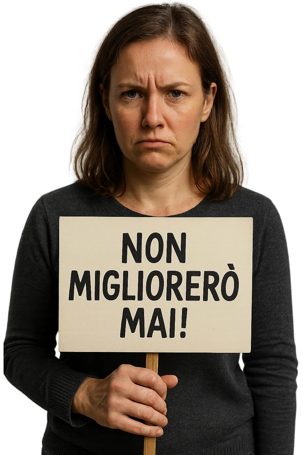 DONNA CHE TIENE UN CARTELLO IN MANO CON LA SCRITTA "NON MIGLIORERò MAI!", iperrealistico 4k emoji
