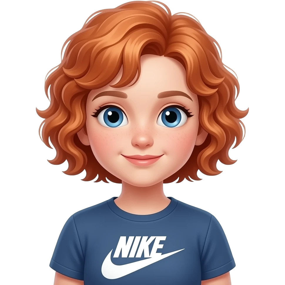 cute little girl with light red hair really short curly hair 13 years old blue eyes nike shirt emoji
