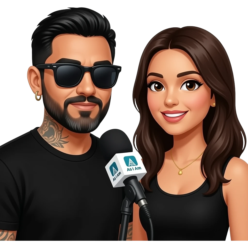 A podcast host, a handsome Latino man with medium hair, a graying beard, tattoos, hoops in his nose and ear, all in black with sunglasses, interviews a woman in front of a microphone with a logo reading "As I Am." emoji