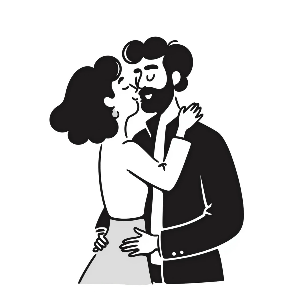 curly haired girl kissing a man with a beard, romantic couple kiss emoji