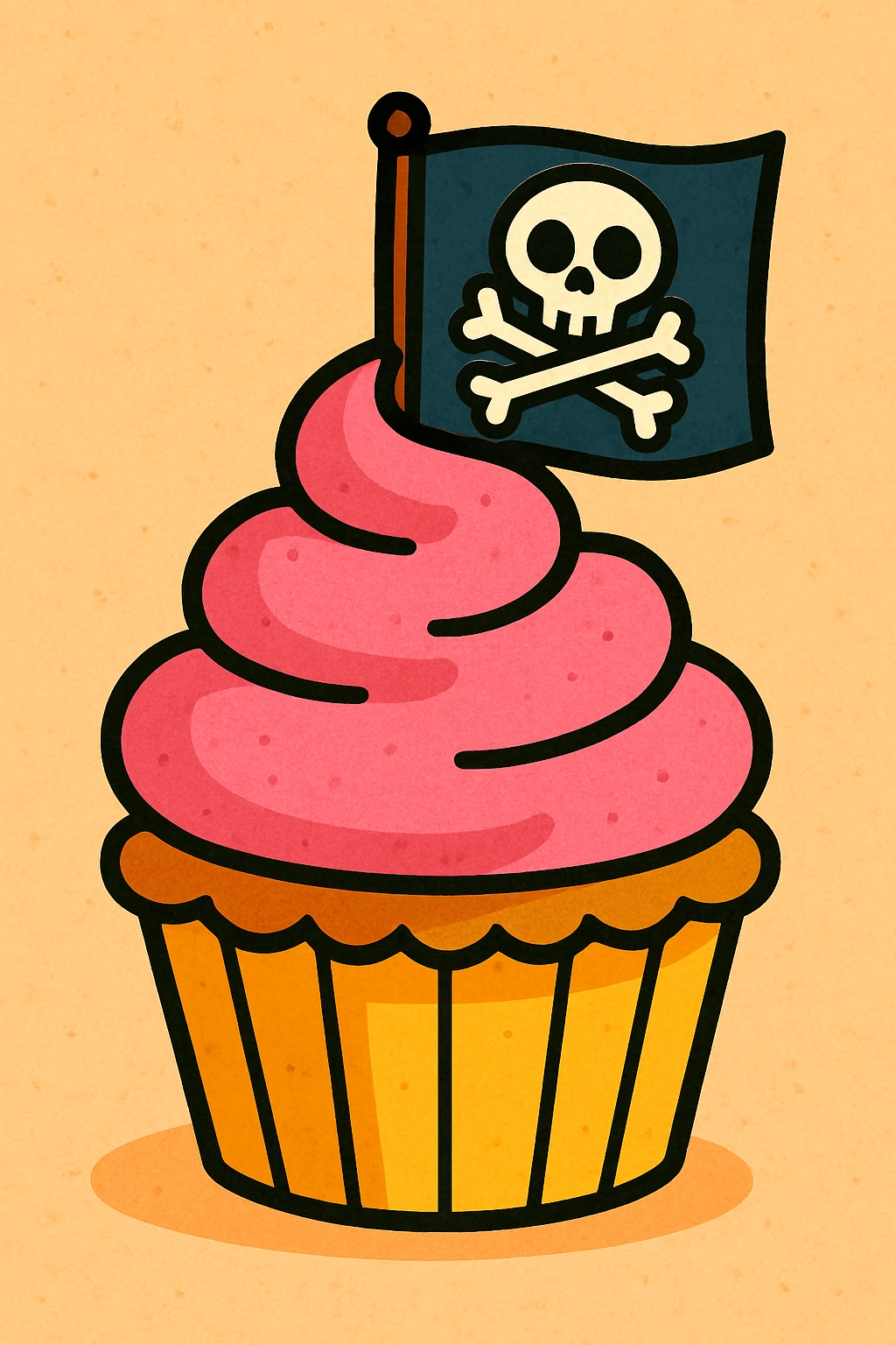 a cute and whimsical cupcake with a skull-and-crossbones flag, pirate theme emoji
