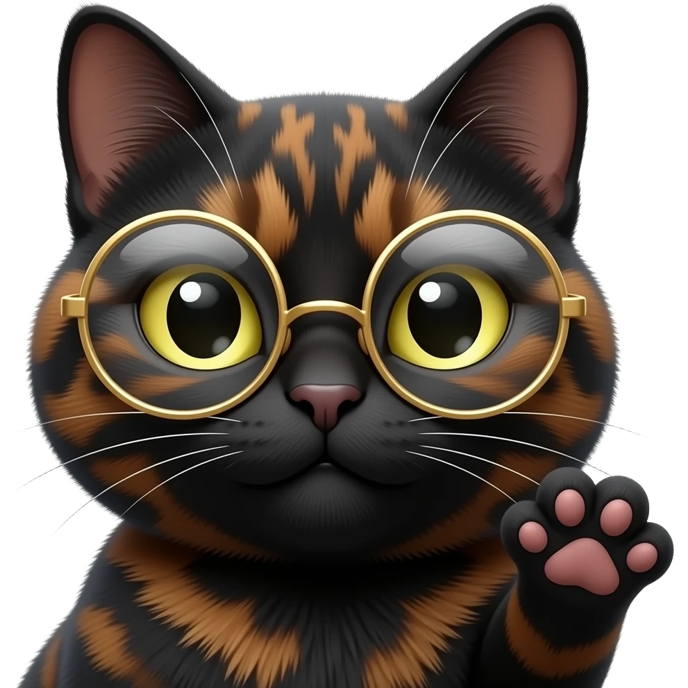 A mostly black Tortoiseshell cat face, with sneaky smirk expression. Cat has round gold glassed and on paw up. Only face and cat paw. emoji