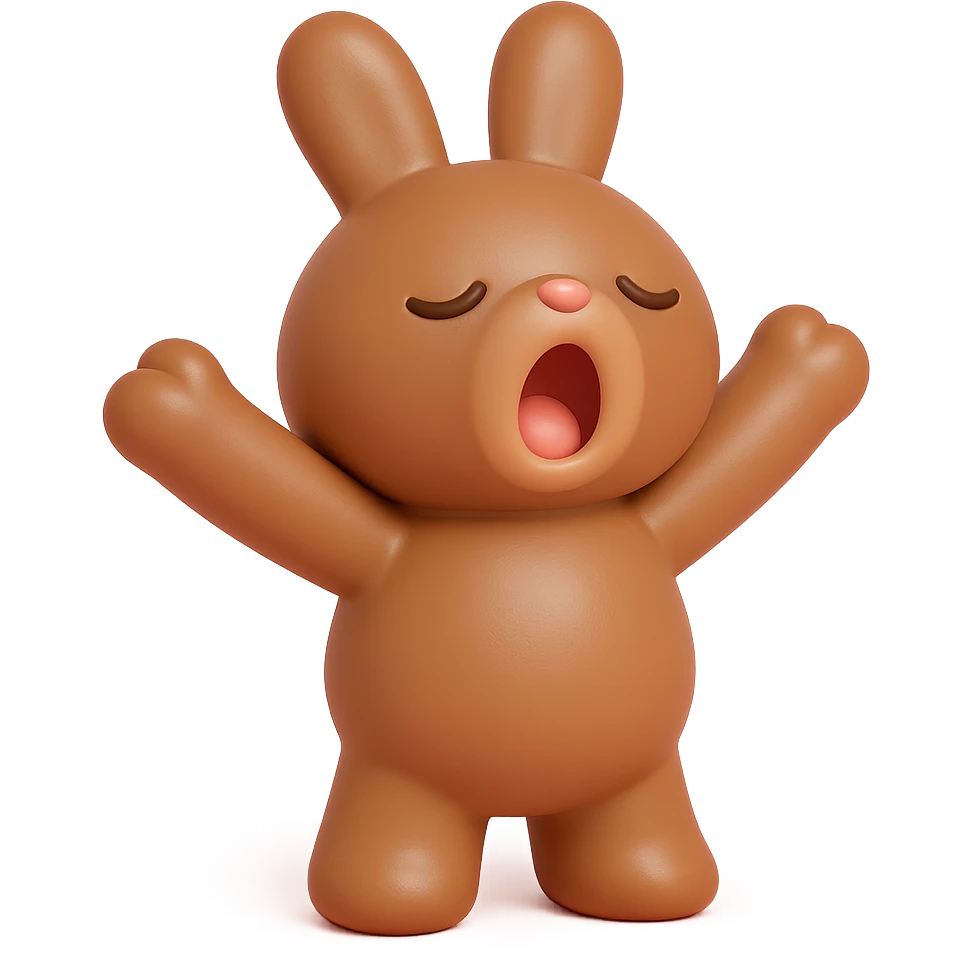 brown bunny stretching arms while yawning, vinyl figure style emoji