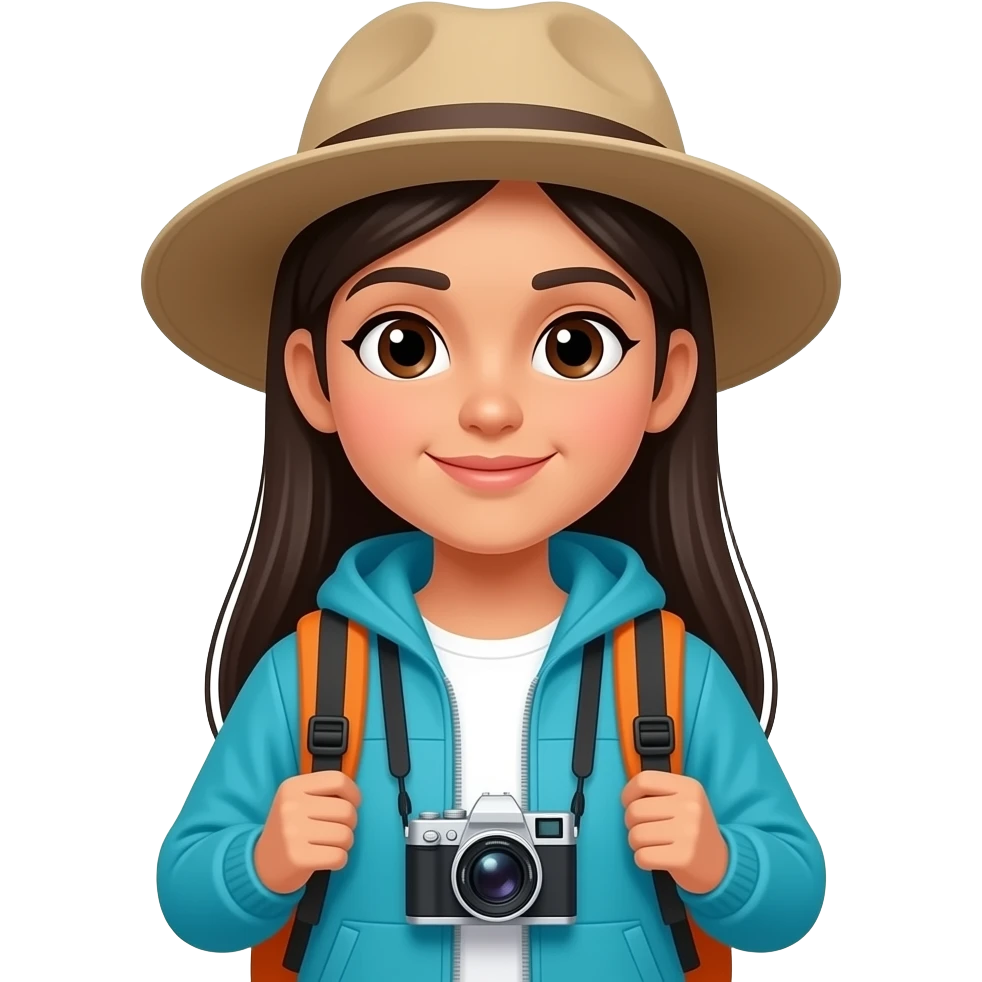Indian girl backpacker with cyan blue jacket an orange backpack, long straight hair with a khaki wide brim sun hat and a camera around her neck emoji