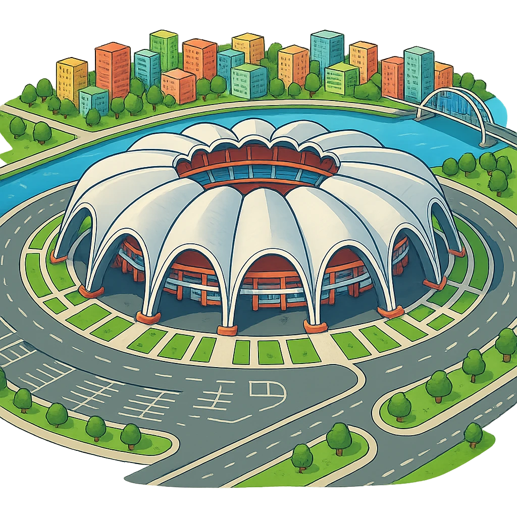 Изометричная, яркая, детализированная иллюстрация стадиона Rungrado 1st of May Stadium в стиле 3D-коллажей городов, насыщенные цвета, аккуратные линии, мультяшно-реалистичная стилистика. Чёткие контуры, прозрачный фон, высокое качество. emoji