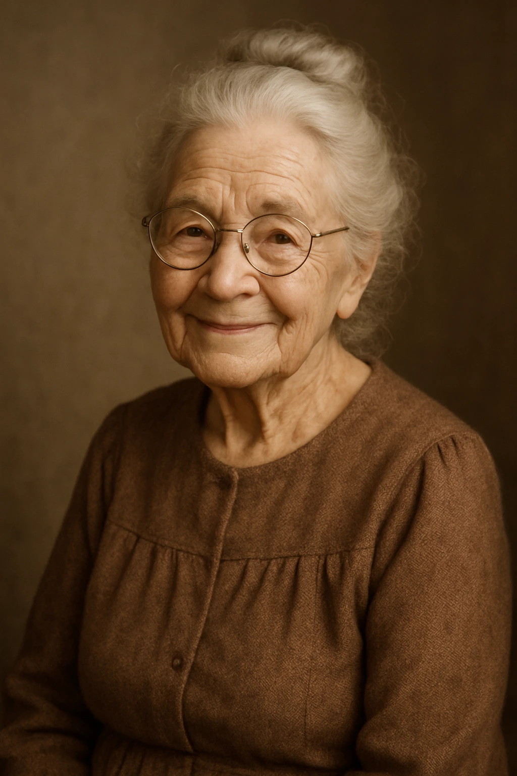 a very old lady grandma wearing glasses gentle smile silver hair in a bun simple dress cozy style emoji