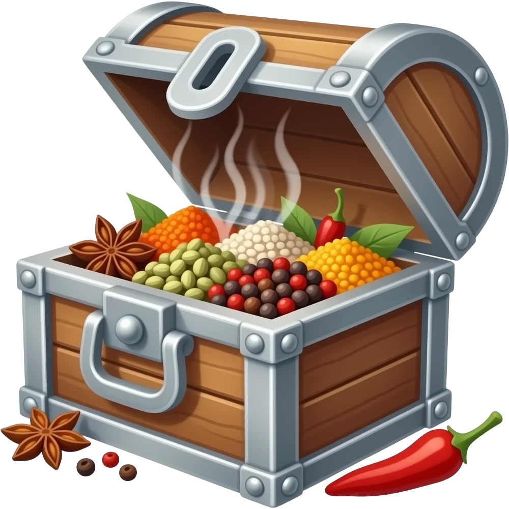 Пустой от сокровищь сундук, но с яркими специями и пряностями, от которых буквально поднимается аромат emoji