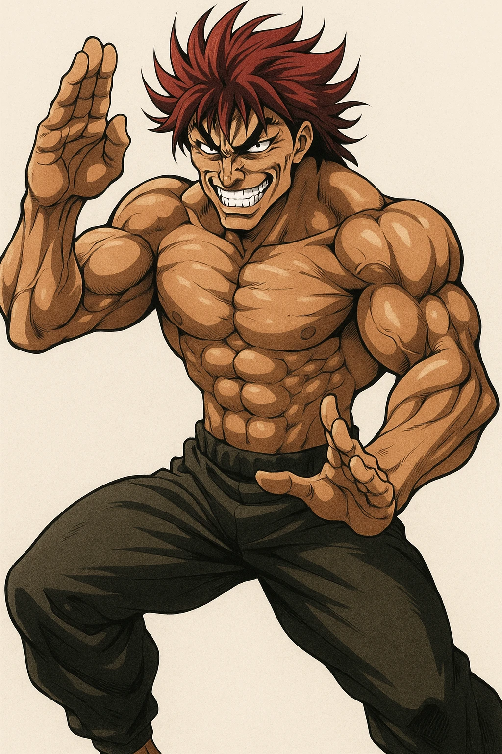 Yujiro Hanma, muscular anime character with red spiky hair, menacing grin, martial arts pose, style 2 emoji