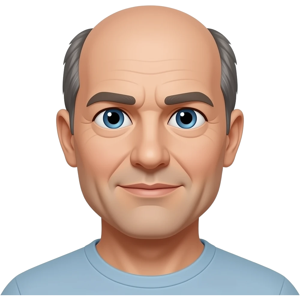 man in 50s bald on top, hair on sides, no facial hair, blue eyes emoji