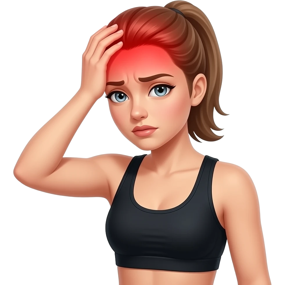head pain, full red glow covering the entire head area, woman holding her head, fair-skinned woman, gray-blue eyes, ash brown brows, ash light brown hair tied back, slim athletic body, black workout set emoji