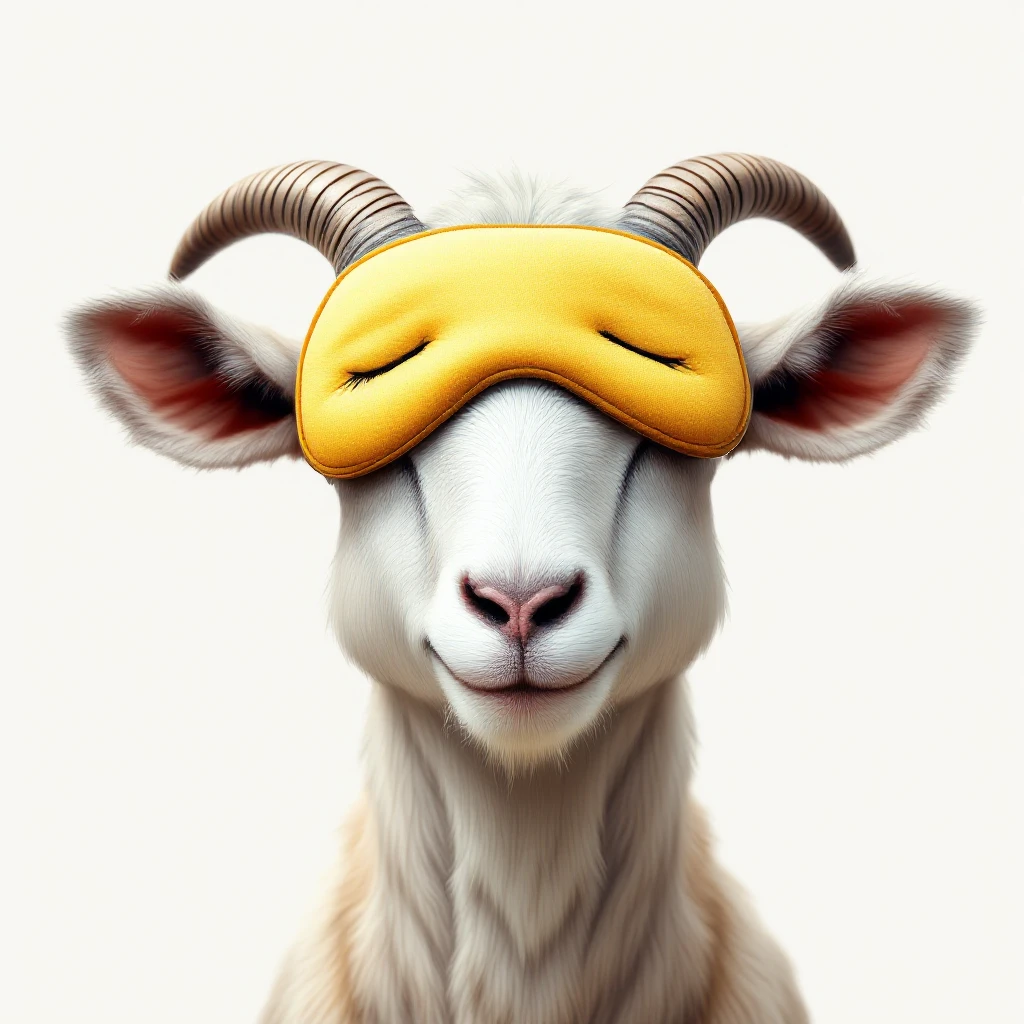 a goat with yellow sleep mask, front view,  Frontal Top-Down Soft Light, white background, portrait, casual cartoon stylized style art emoji