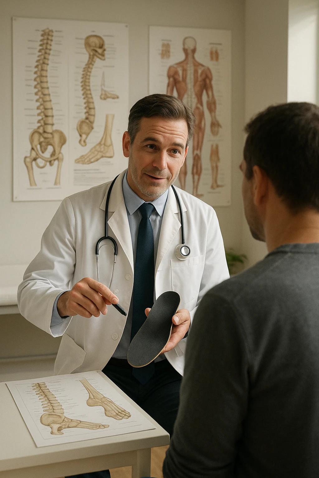 A realistic, cinematic illustration of a professional male doctor in his mid-40s, wearing a white coat, calmly explaining to a patient the benefits of using orthopedic insoles (plantari) for posture correction. The doctor holds a custom insole in his hand while pointing gently to a detailed anatomical poster showing the human spine, pelvis, and feet, illustrating the connection between foot alignment and posture. The setting is a bright, clean medical office with soft natural lighting, a treatment table, and educational anatomical charts in the background. The patient, seen from behind, listens attentively, while the doctor maintains a warm, knowledgeable expression, emphasizing preventive care and body alignment through plantar support. The scene feels trustworthy, modern, and health-focused. emoji