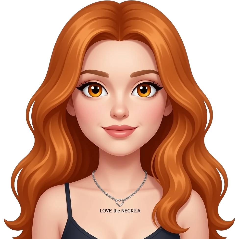 sexy girl with overlong ginger hair and ginger eyes a top with LOVE the NECKLACE written on it emoji