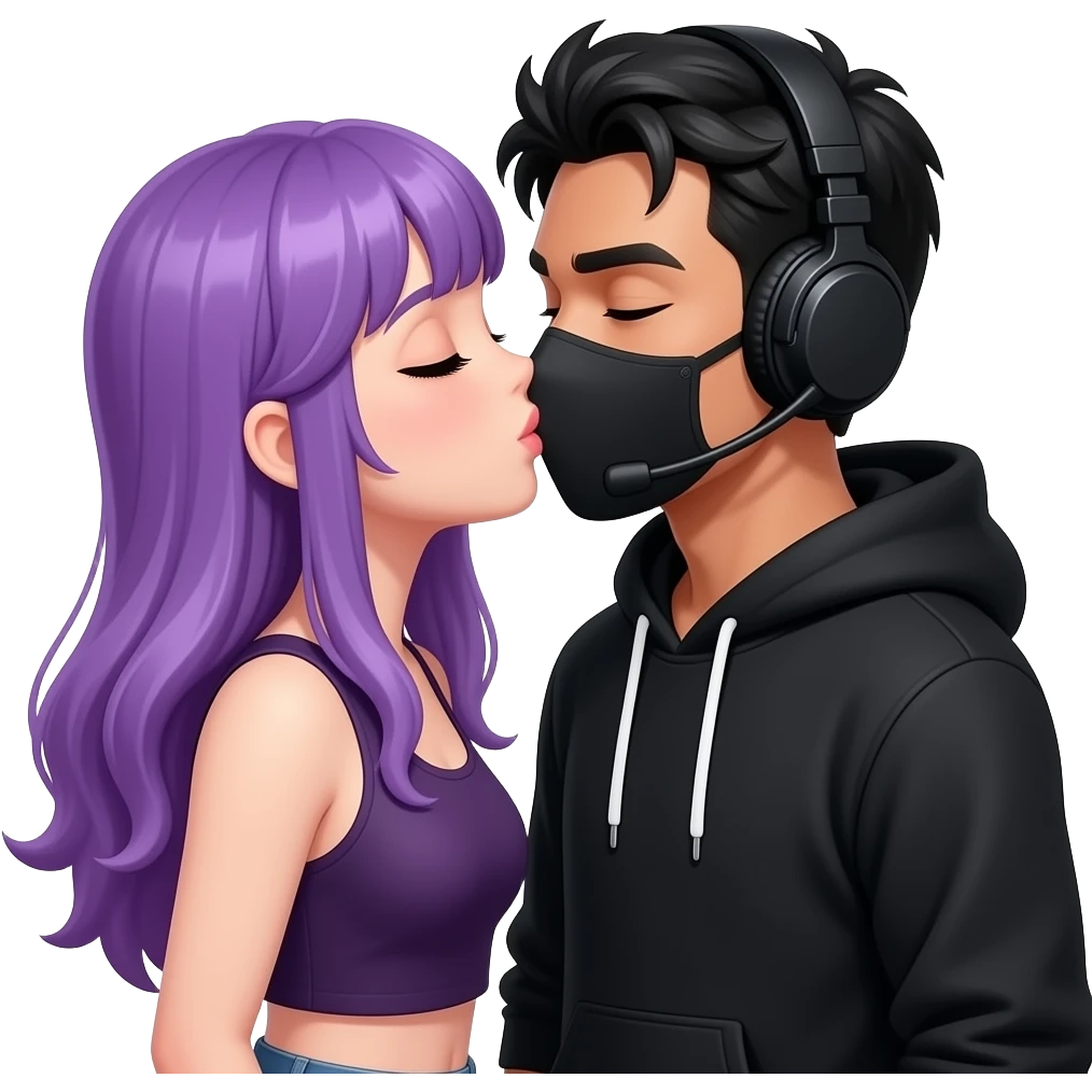 attractive girl with long purple hair and purple is get kissed from an blackhaired attractive man in a black hoodie with a black mask and a headset emoji