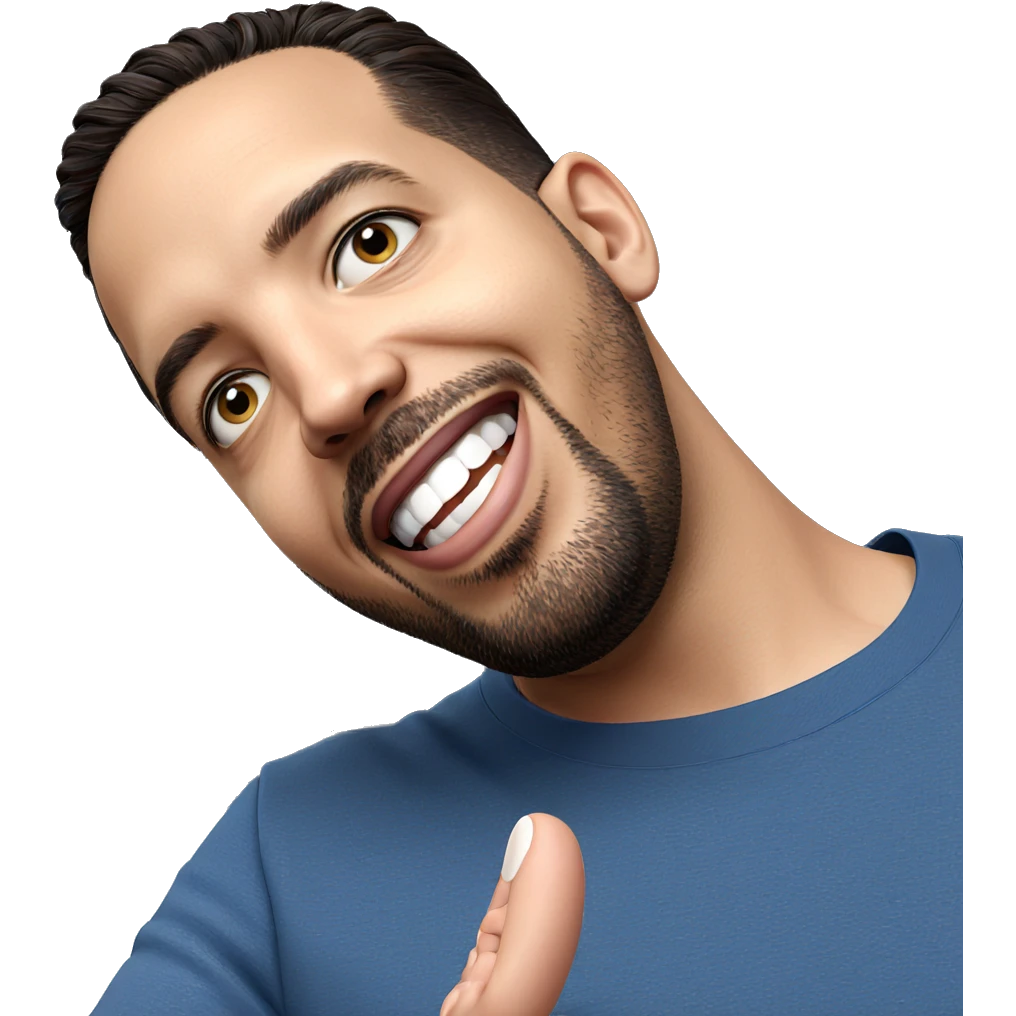 smiling young man in blue emoji