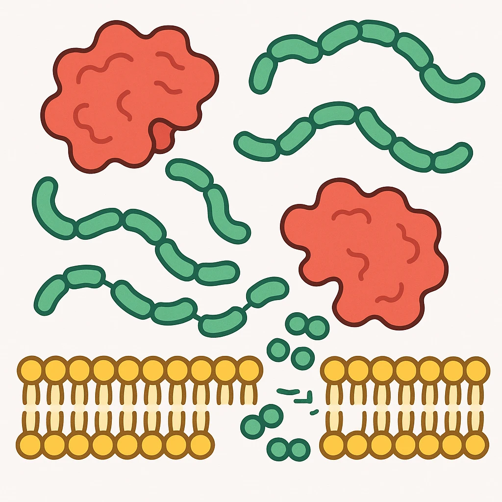 Ultra-detailed scientific illustration of enzyme digestion: Red amylase molecules (3D, globular protein structure) breaking down green starch polymers (chain of glucose units) into maltose near a yellow phospholipid bilayer membrane. Macro molecular view, clean white background, no text, no human figures or cartoon characters. Purely biological focus. emoji