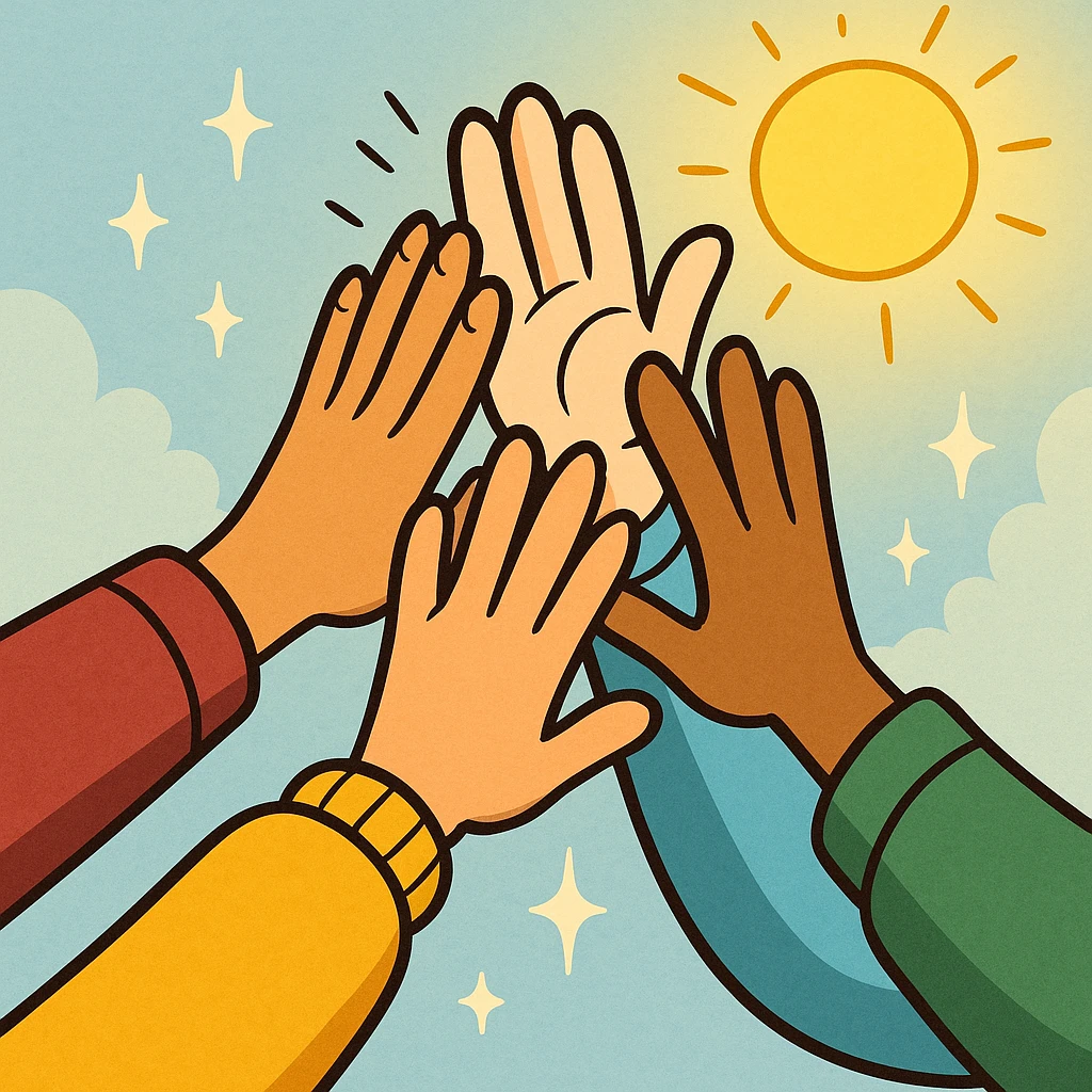 cartoon hands from multiple people meeting in a high-five, with a sun and sparkles, symbolizing team spirit and morning joy, bright and colorful cartoon style emoji