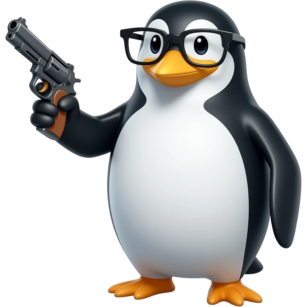 A penguin wearing black glasses holding a gun emoji
