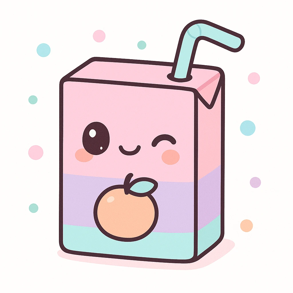 kawaii style juice box with a winking face, fruit illustration, and playful straw, pastel colors emoji