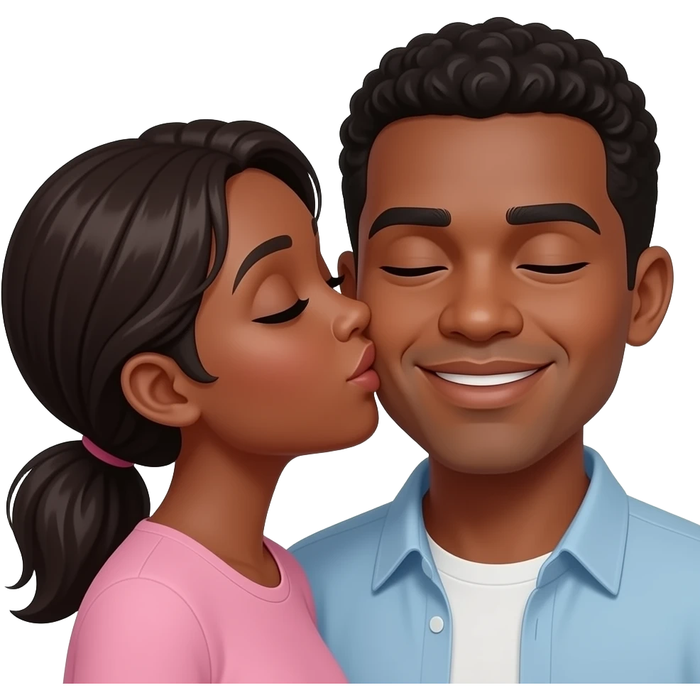 Black woman kissing black man on the cheeks as the black man blushes emoji