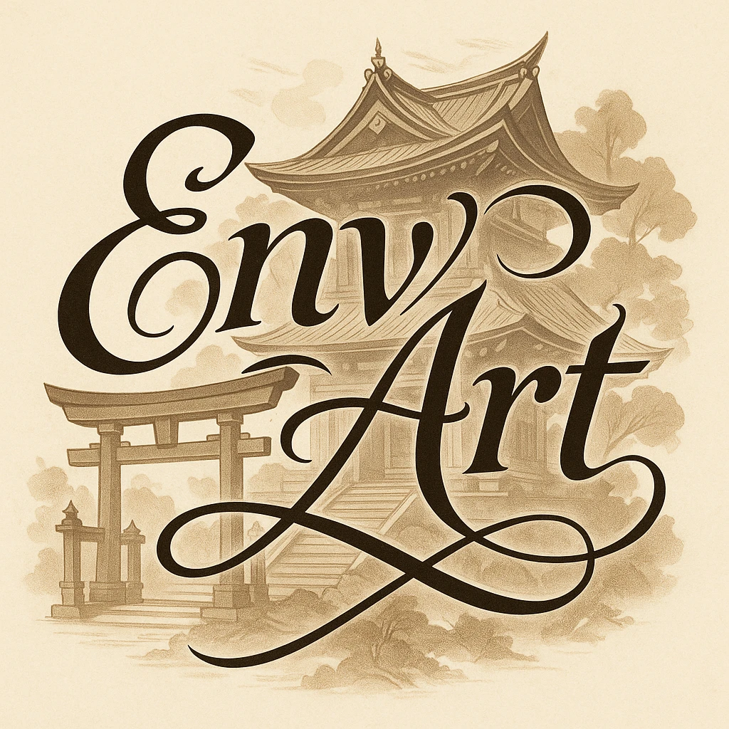The words 'Env Art' in a calligraphic style, with a stylized Shinto shrine in the background, elegant and artistic, balanced layout. emoji